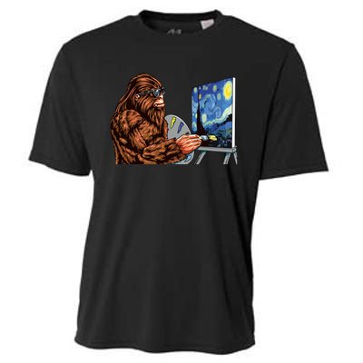 Starry Night Bigfoot Painting Funny Sasquatch Graphic Art Cooling Performance Crew T-Shirt