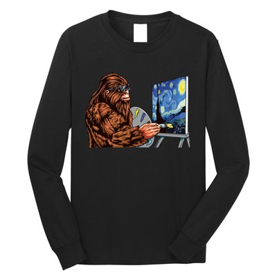 Starry Night Bigfoot Painting Funny Sasquatch Graphic Art Long Sleeve Shirt