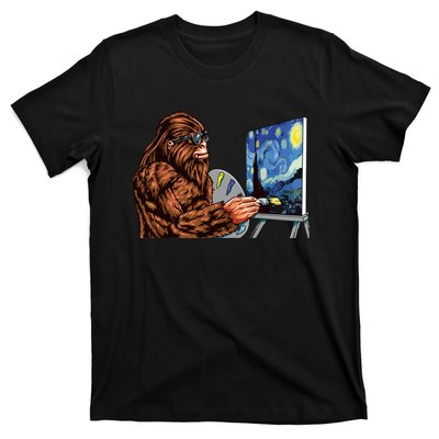 Starry Night Bigfoot Painting Funny Sasquatch Graphic Art T-Shirt