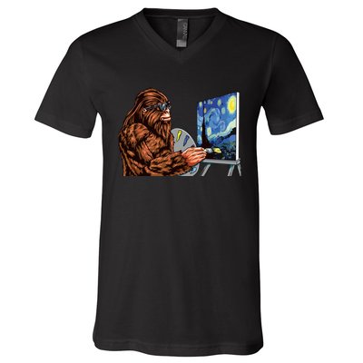 Starry Night Bigfoot Painting Funny Sasquatch Graphic Art V-Neck T-Shirt