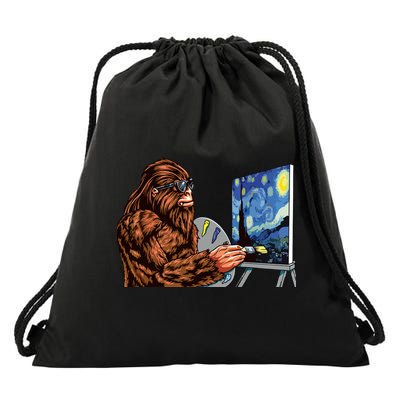 Starry Night Bigfoot Painting Funny Sasquatch Graphic Art Drawstring Bag