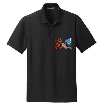 Starry Night Bigfoot Painting Funny Sasquatch Graphic Art Dry Zone Grid Polo