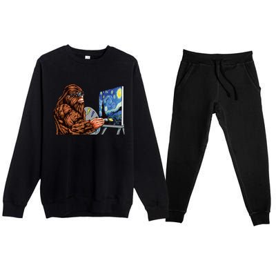 Starry Night Bigfoot Painting Funny Sasquatch Graphic Art Premium Crewneck Sweatsuit Set