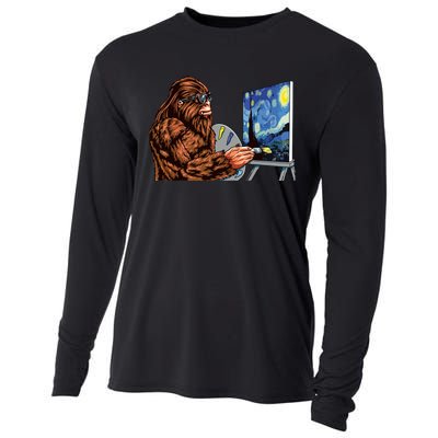 Starry Night Bigfoot Painting Funny Sasquatch Graphic Art Cooling Performance Long Sleeve Crew