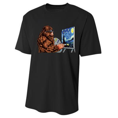 Starry Night Bigfoot Painting Funny Sasquatch Graphic Art Performance Sprint T-Shirt