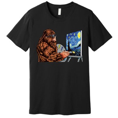 Starry Night Bigfoot Painting Funny Sasquatch Graphic Art Premium T-Shirt