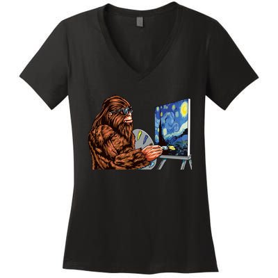 Starry Night Bigfoot Painting Funny Sasquatch Graphic Art Women's V-Neck T-Shirt