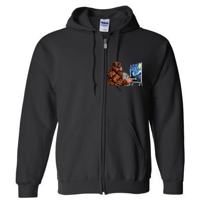 Starry Night Bigfoot Painting Funny Sasquatch Graphic Art Full Zip Hoodie