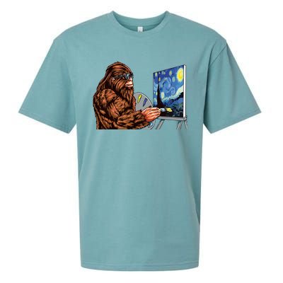 Starry Night Bigfoot Painting Funny Sasquatch Graphic Art Sueded Cloud Jersey T-Shirt