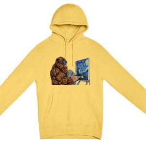 Starry Night Bigfoot Painting Funny Sasquatch Graphic Art Premium Pullover Hoodie