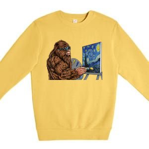 Starry Night Bigfoot Painting Funny Sasquatch Graphic Art Premium Crewneck Sweatshirt