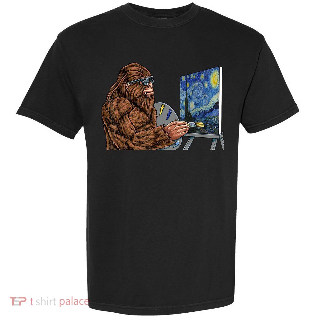 Starry Night Bigfoot Painting Funny Sasquatch Graphic Art Garment-Dyed Heavyweight T-Shirt