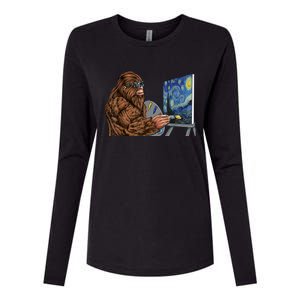 Starry Night Bigfoot Painting Funny Sasquatch Graphic Art Womens Cotton Relaxed Long Sleeve T-Shirt