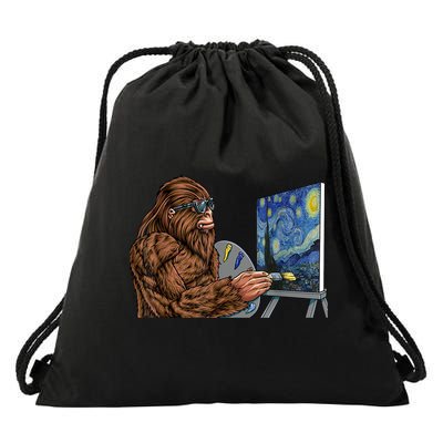 Starry Night Bigfoot Painting Funny Sasquatch Graphic Art Drawstring Bag