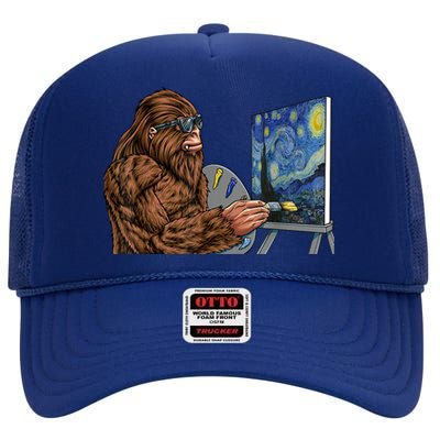 Starry Night Bigfoot Painting Funny Sasquatch Graphic Art High Crown Mesh Back Trucker Hat