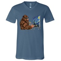 Starry Night Bigfoot Painting Funny Sasquatch Graphic Art V-Neck T-Shirt