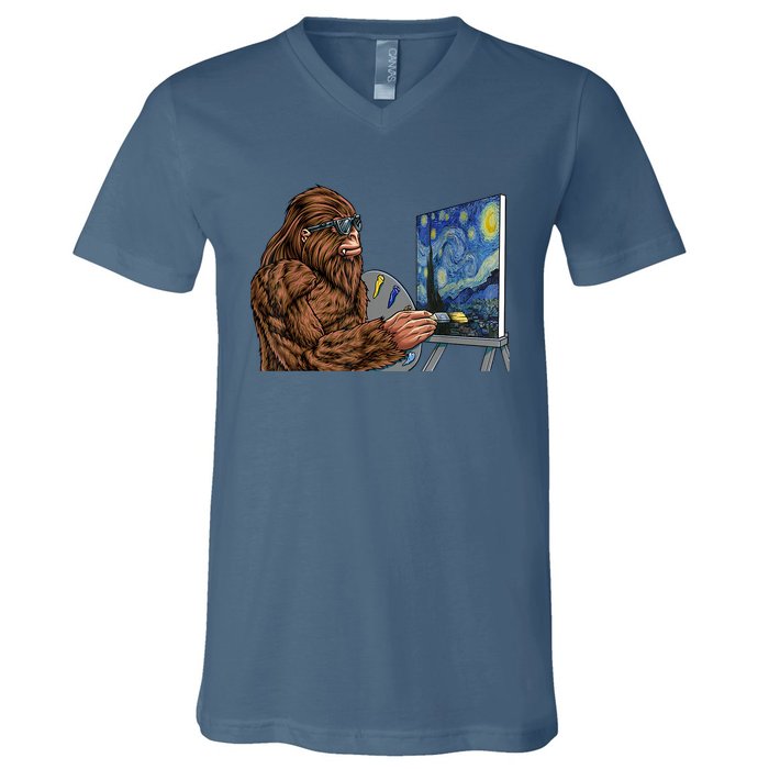 Starry Night Bigfoot Painting Funny Sasquatch Graphic Art V-Neck T-Shirt