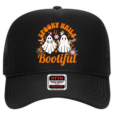 Spooky Nails Bootiful Halloween For Nail Techs Beauticians Premium High Crown Mesh Back Trucker Hat