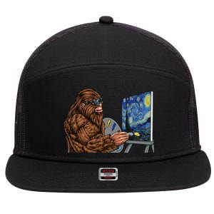 Starry Night Bigfoot Painting Funny Sasquatch Graphic Art 7 Panel Mesh Trucker Snapback Hat