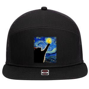 Starry Night Cat Van Gogh Cat Cat Lover Cat Mom Cat Dad 7 Panel Mesh Trucker Snapback Hat