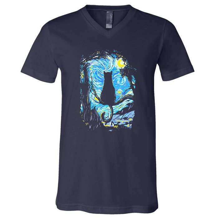 Starry Night Cat Van Gogh Cat V-Neck T-Shirt