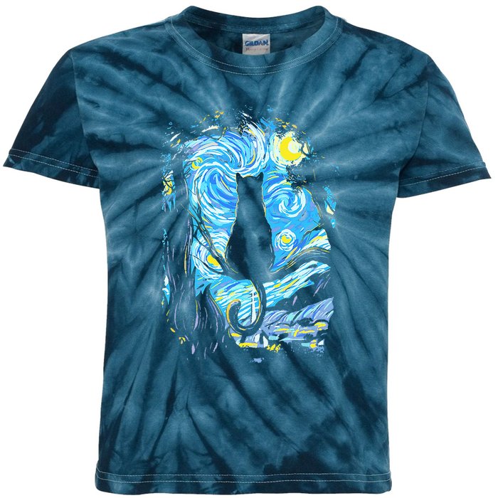 Starry Night Cat Van Gogh Cat Kids Tie-Dye T-Shirt