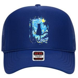 Starry Night Cat Van Gogh Cat High Crown Mesh Back Trucker Hat