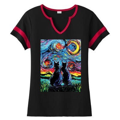 Scary Night Cat Van Gogh Art Ladies Halftime Notch Neck Tee