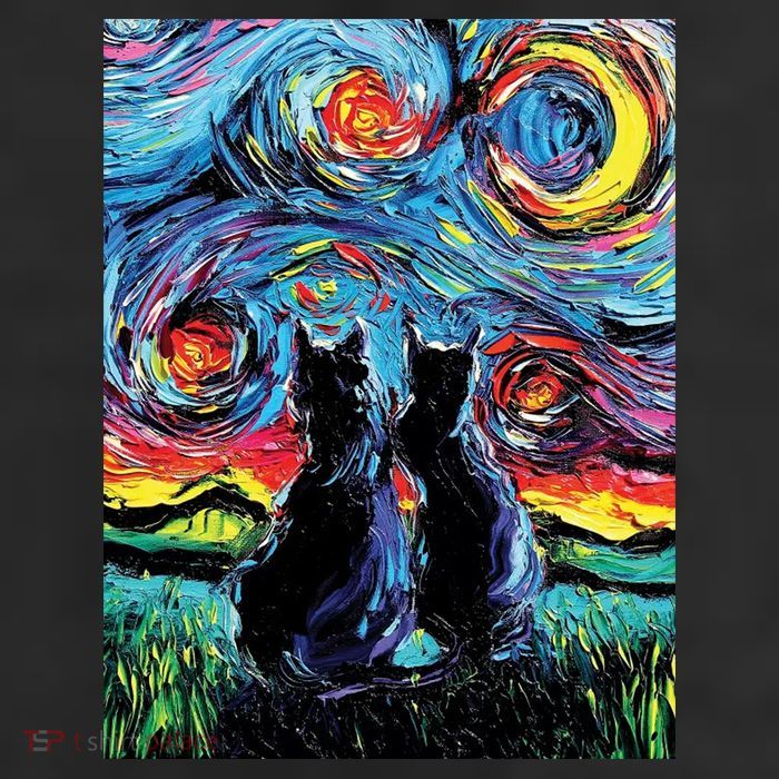 Scary Night Cat Van Gogh Art 7 Panel Mesh Trucker Snapback Hat