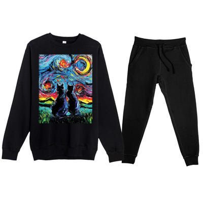 Scary Night Cat Van Gogh Art Premium Crewneck Sweatsuit Set