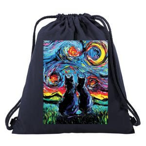 Scary Night Cat Van Gogh Art Drawstring Bag