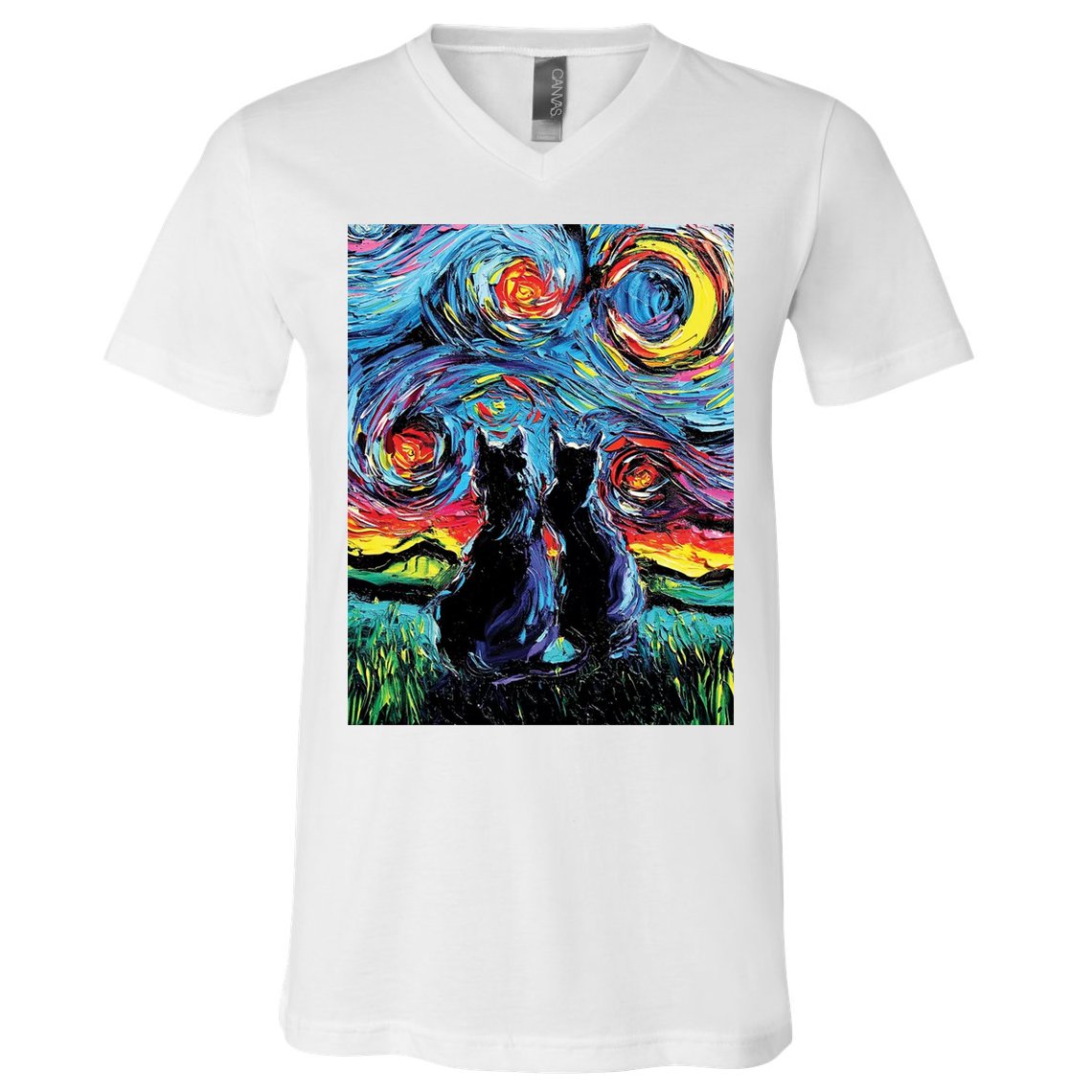 Scary Night Cat Van Gogh Art V-Neck T-Shirt