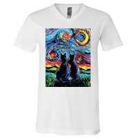 Scary Night Cat Van Gogh Art V-Neck T-Shirt