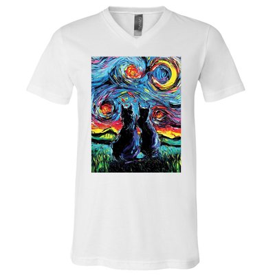 Scary Night Cat Van Gogh Art V-Neck T-Shirt