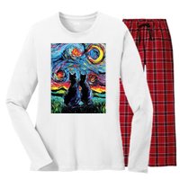 Scary Night Cat Van Gogh Art Women's Long Sleeve Flannel Pajama Set 