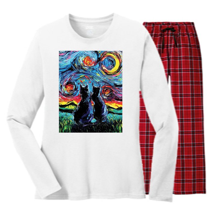 Scary Night Cat Van Gogh Art Women's Long Sleeve Flannel Pajama Set 