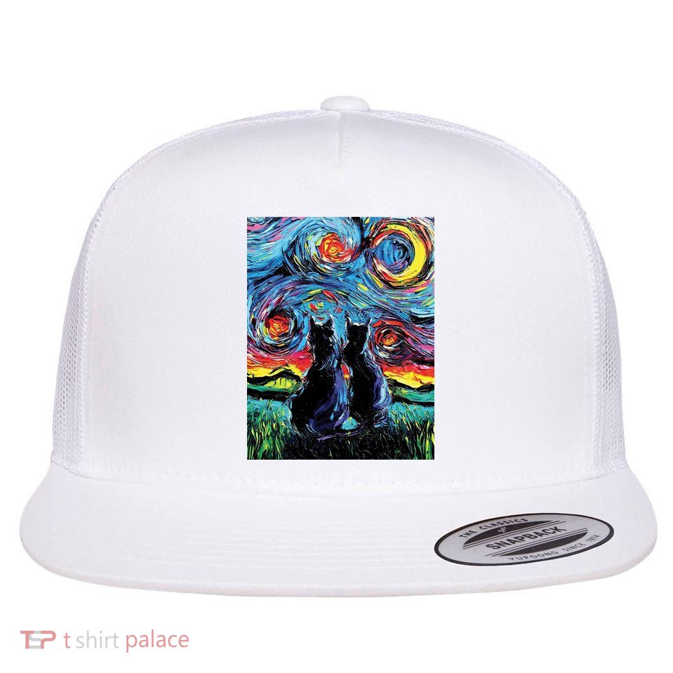 Scary Night Cat Van Gogh Art Flat Bill Trucker Hat