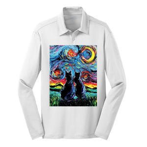 Scary Night Cat Van Gogh Art Silk Touch Performance Long Sleeve Polo