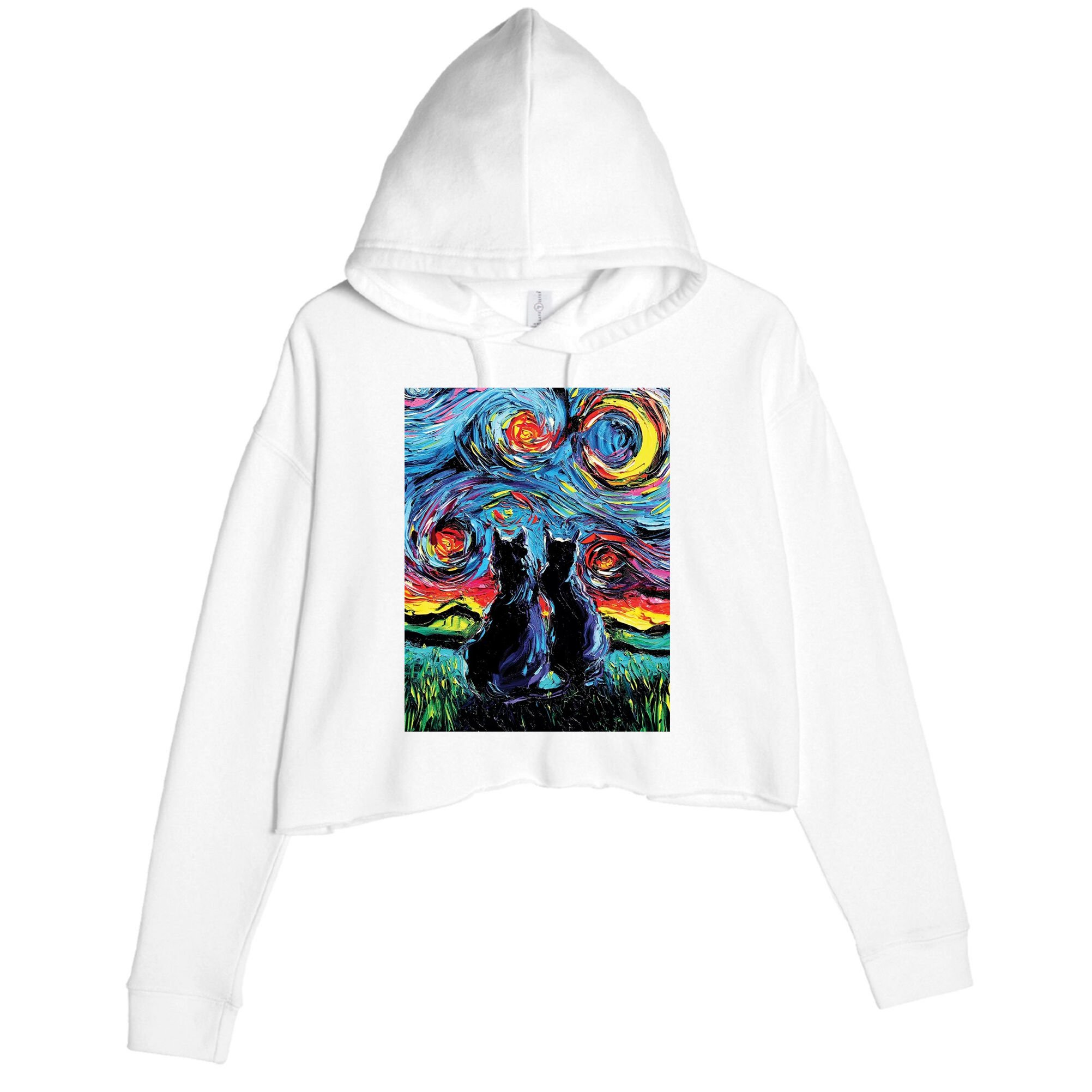 Scary Night Cat Van Gogh Art Crop Fleece Hoodie