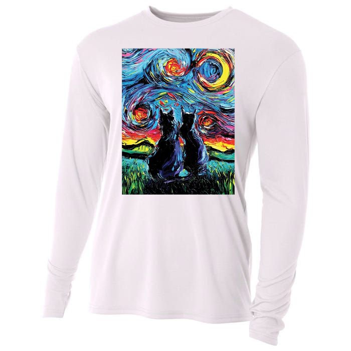 Scary Night Cat Van Gogh Art Cooling Performance Long Sleeve Crew