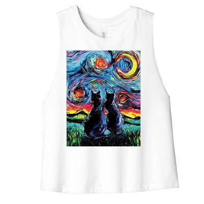 Scary Night Cat Van Gogh Art Women's Racerback Cropped Tank