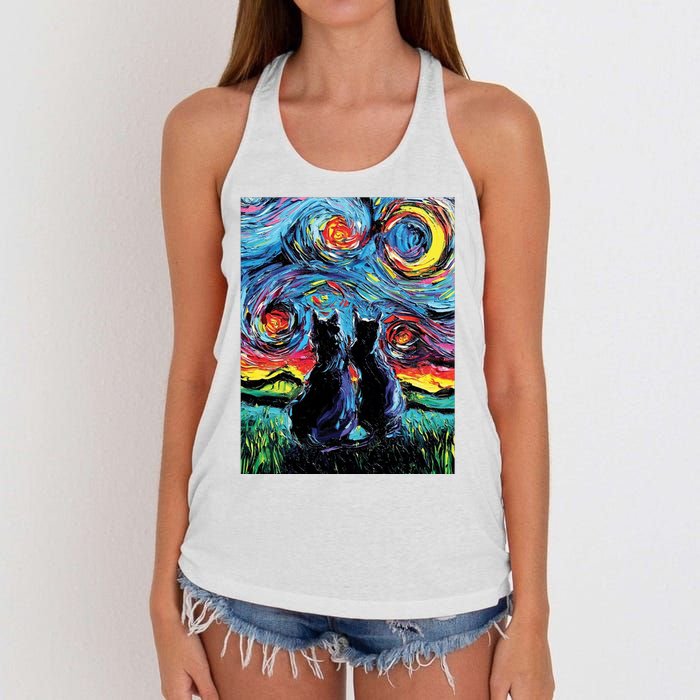 Scary Night Cat Van Gogh Art Women's Knotted Racerback Tank