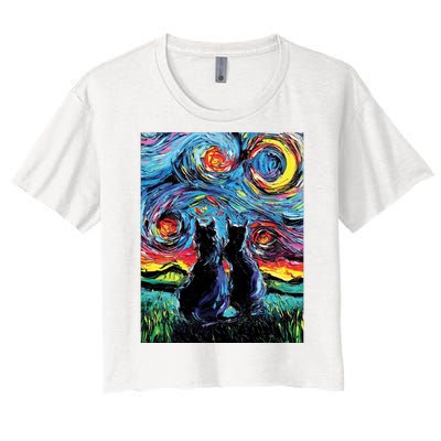 Scary Night Cat Van Gogh Art Women's Crop Top Tee