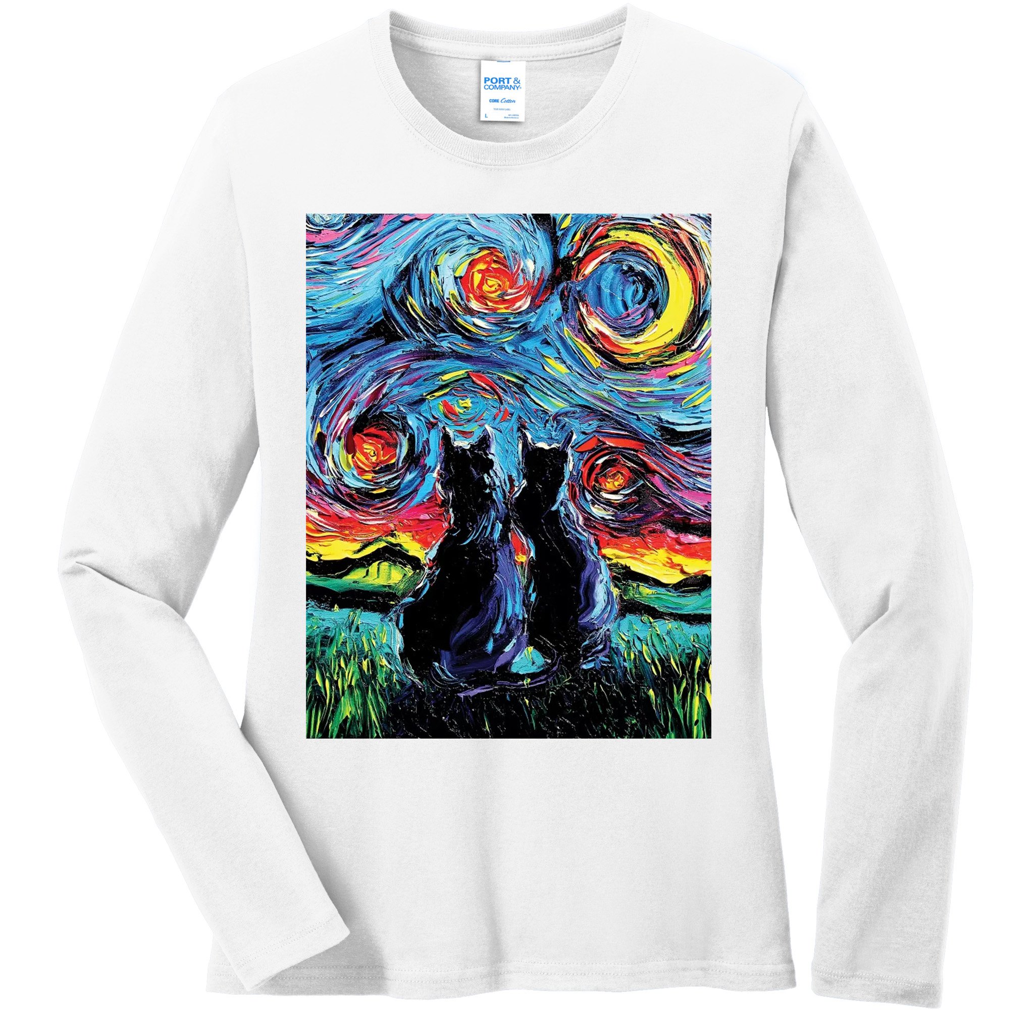 Scary Night Cat Van Gogh Art Ladies Long Sleeve Shirt