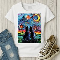 Scary Night Cat Van Gogh Art Womens T-Shirt