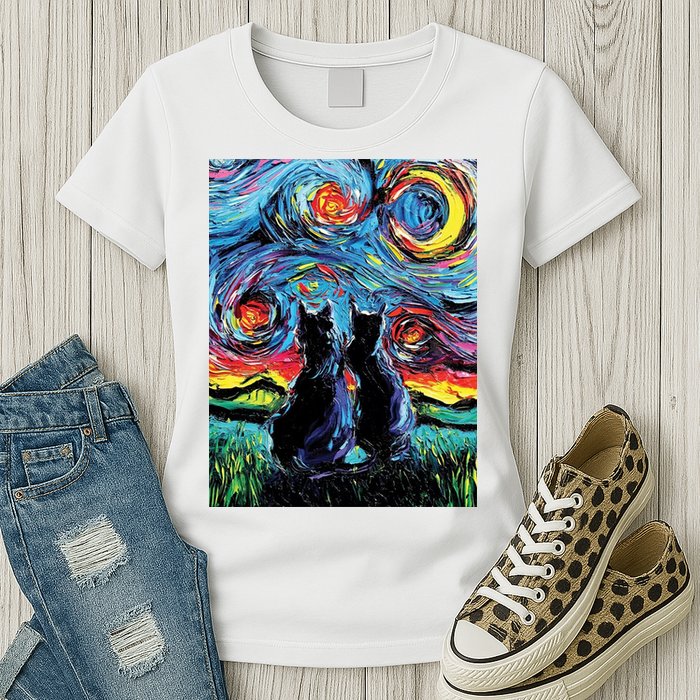 Scary Night Cat Van Gogh Art Womens T-Shirt