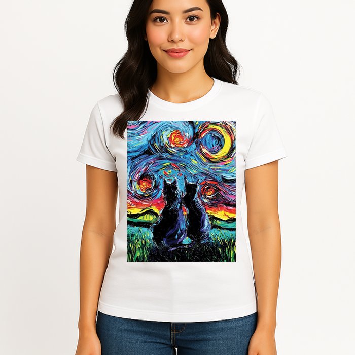 Scary Night Cat Van Gogh Art Womens T-Shirt