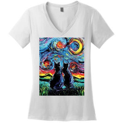 Scary Night Cat Van Gogh Art Women's V-Neck T-Shirt