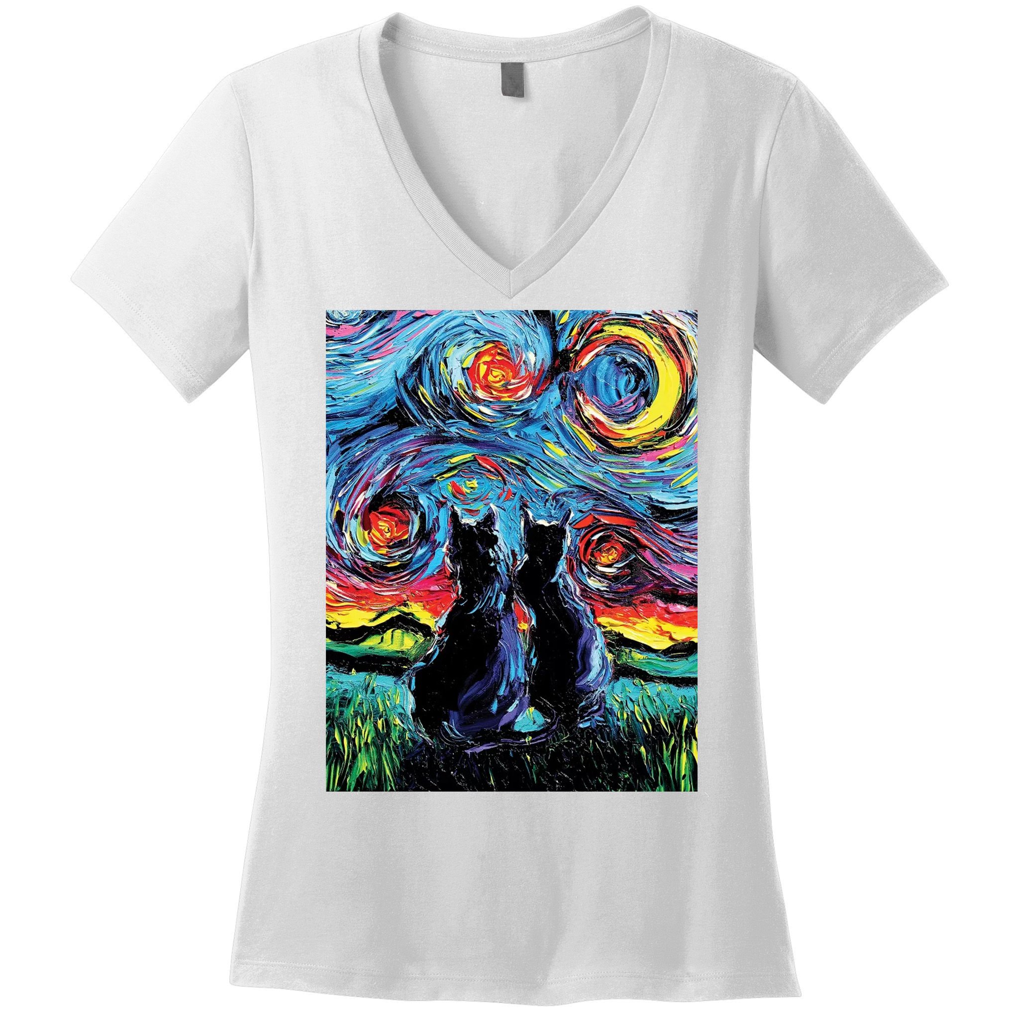 Scary Night Cat Van Gogh Art Women's V-Neck T-Shirt