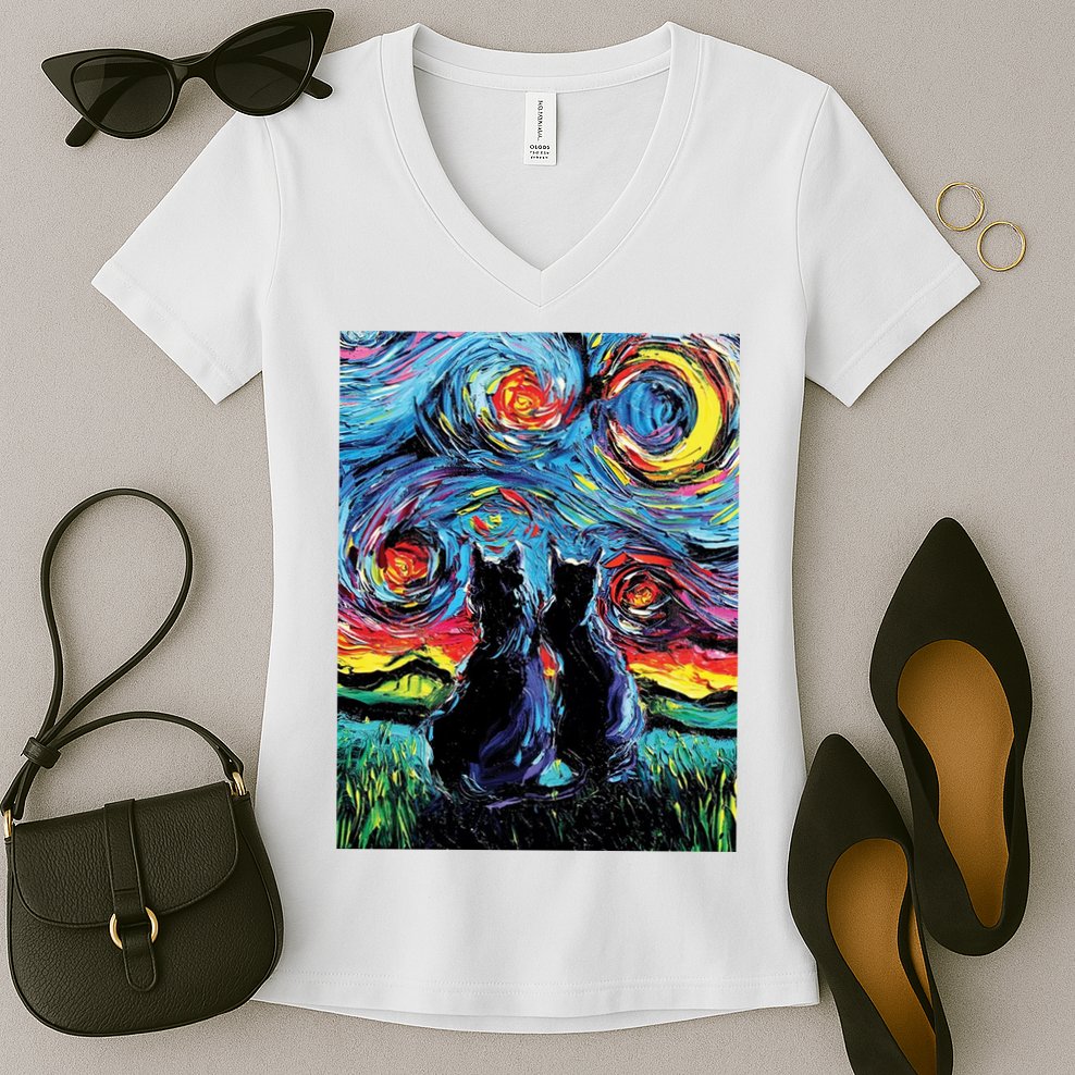 Scary Night Cat Van Gogh Art Women's V-Neck T-Shirt